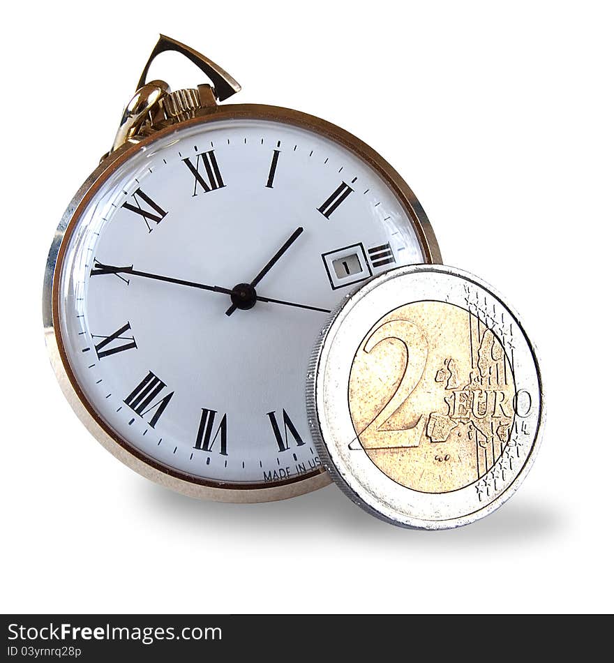 Concept image. Pocket watch and Euro coin, is time running out for the Euro zone countries?. Concept image. Pocket watch and Euro coin, is time running out for the Euro zone countries?