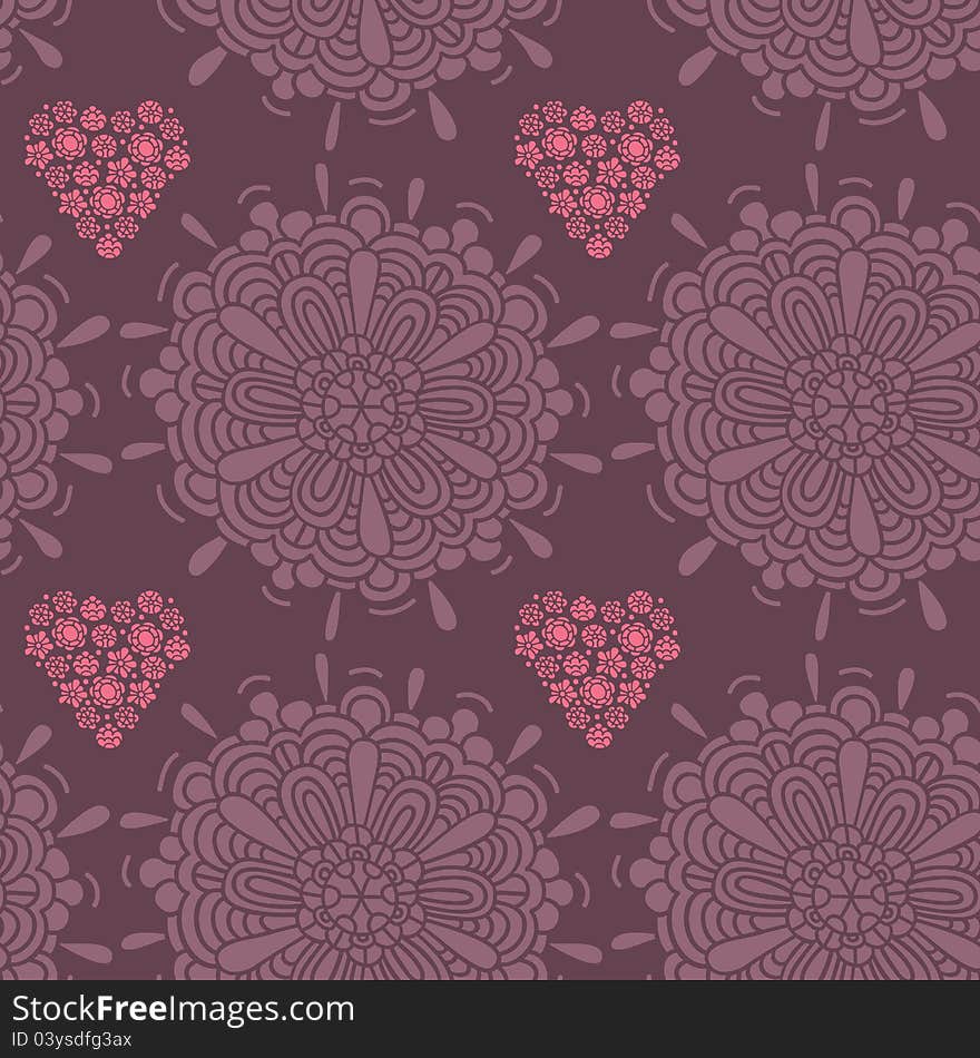 Pattern, raster, vector illustration, large flower, heart, small flowers, many of the details. Pattern, raster, vector illustration, large flower, heart, small flowers, many of the details