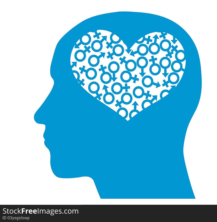 Head silhouette with heart and interlinked male and female symbols. Vector. Head silhouette with heart and interlinked male and female symbols. Vector