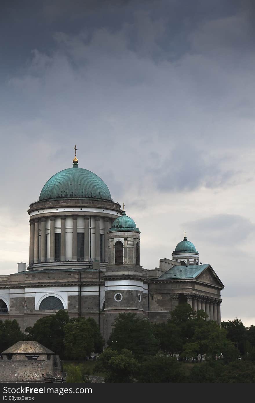 Dome of the famous cathedral in Hungary, on a stormy day. Dome of the famous cathedral in Hungary, on a stormy day.