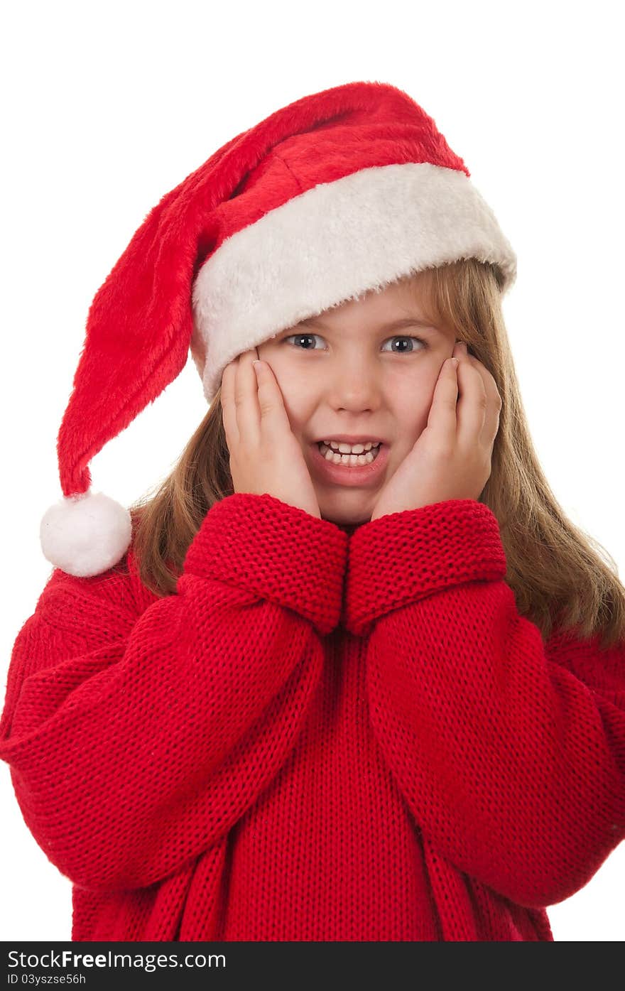 Portrait of beautiful little girl wearing santa claus clothes. Isolated on a white background