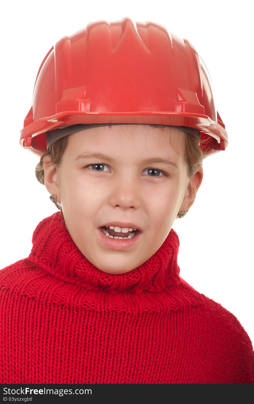 Girl with a red helmet, isolated on white