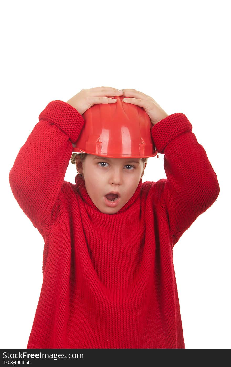 Girl with a red helmet, isolated on white