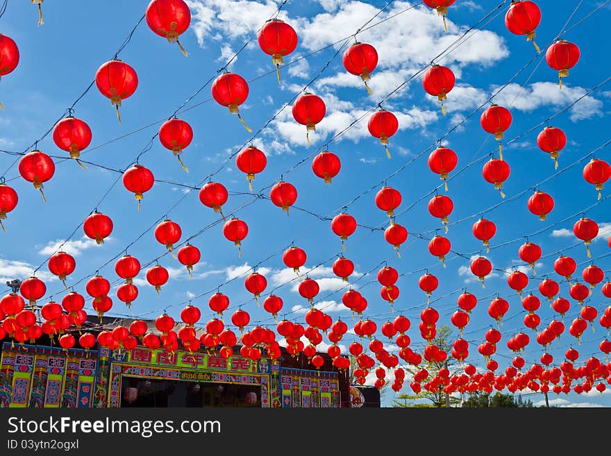 Red lanterns and blue sky.