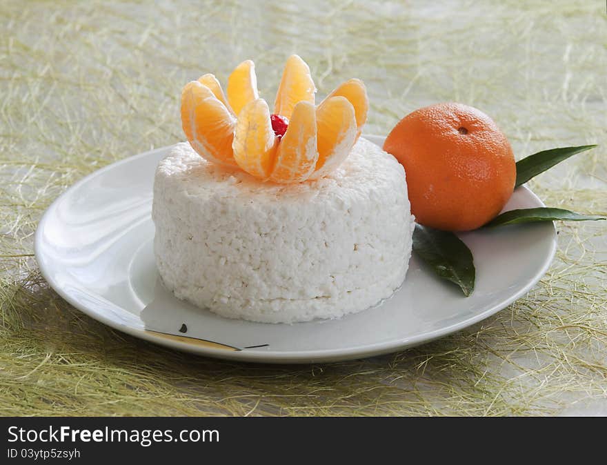 Dairy breakfast, cottage cheese on a plate