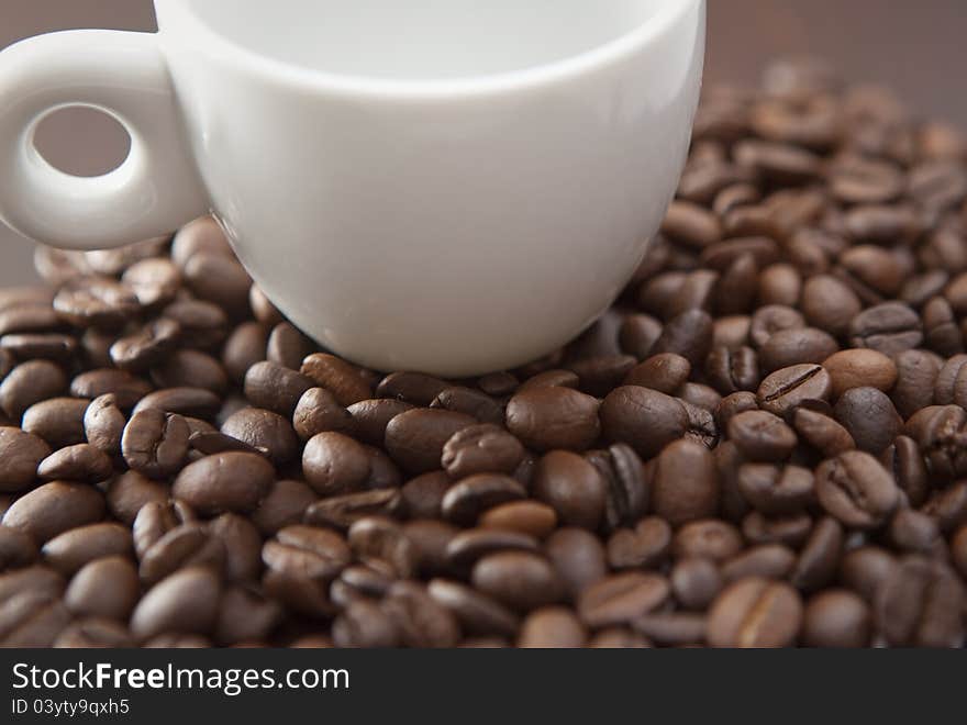 White cup on the coffee beans background