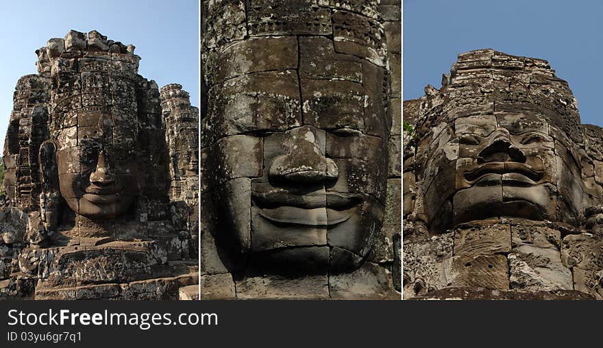 Huge carved face in ruins of temple in Cambodia. Huge carved face in ruins of temple in Cambodia