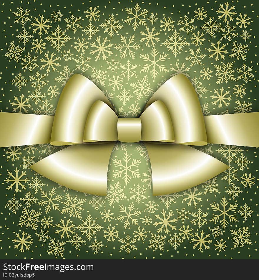 Elegant Christmas greeting card with golden bow on light green background with snowflakes. Elegant Christmas greeting card with golden bow on light green background with snowflakes.