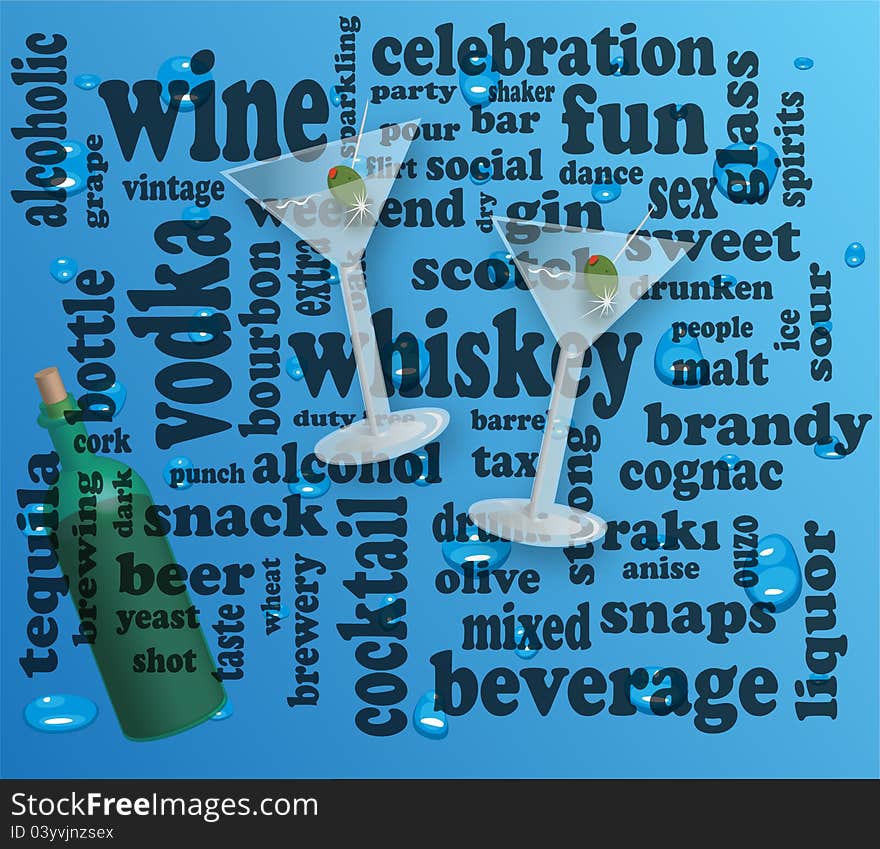 Alcohol word cloud background with glass and bottle s. Alcohol word cloud background with glass and bottle s