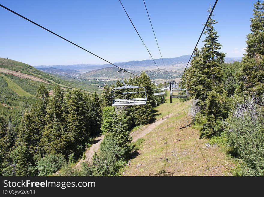 A gondola chairlift at the Park City Mountain Ski Resort in the summer. A gondola chairlift at the Park City Mountain Ski Resort in the summer