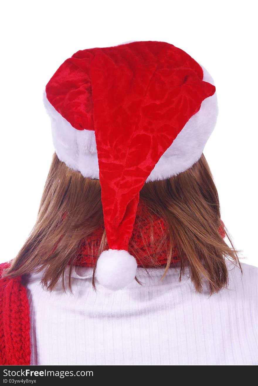 Girl head with christmas hat and scarf over white. Girl head with christmas hat and scarf over white