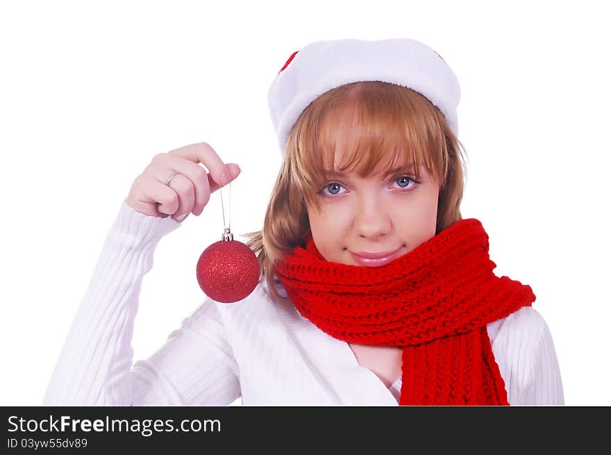 Girl with christmas hat and scarf over white. Girl with christmas hat and scarf over white