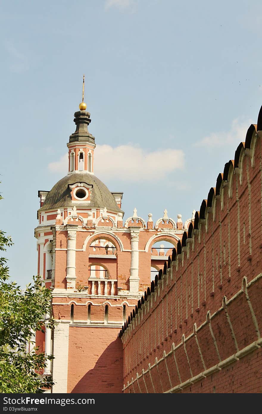 View of the wall tower of Donskoy; Monastery in Moscow. View of the wall tower of Donskoy; Monastery in Moscow