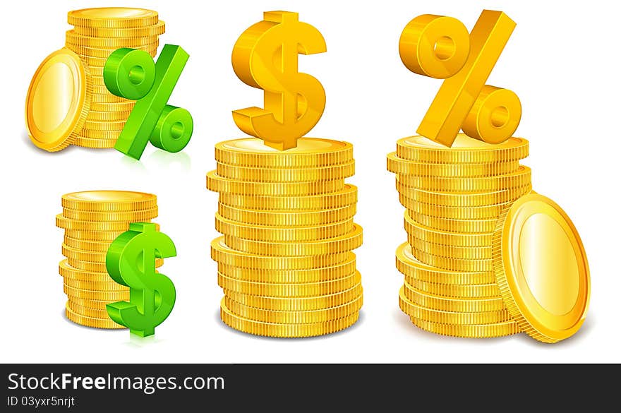 Golden coins with dollar and percent sign on white background, vector illustration. Golden coins with dollar and percent sign on white background, vector illustration