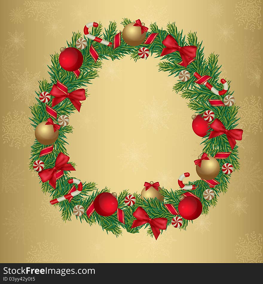 Christmas wreath decorated with ribbon, balls and candies. Christmas postcard for your design. All elements are in separate layers and grouped, easy to edit.