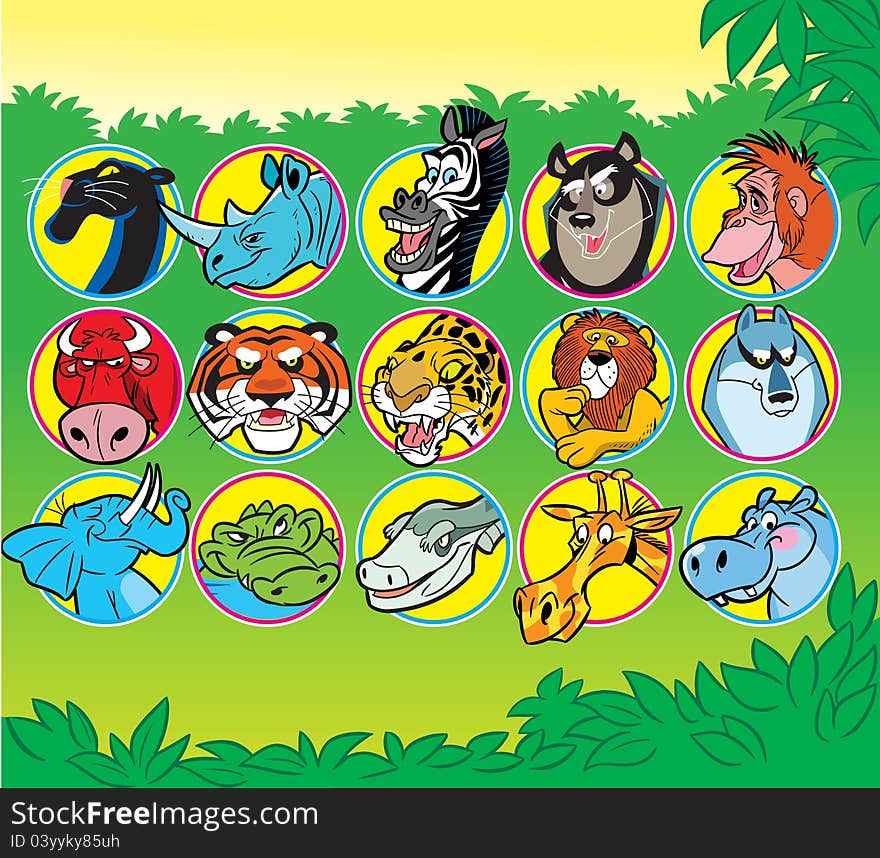 The illustration shows some species of animals of Africa. Illustration done in a cartoon stile. Each animal and background are made on separate layers. The illustration shows some species of animals of Africa. Illustration done in a cartoon stile. Each animal and background are made on separate layers.