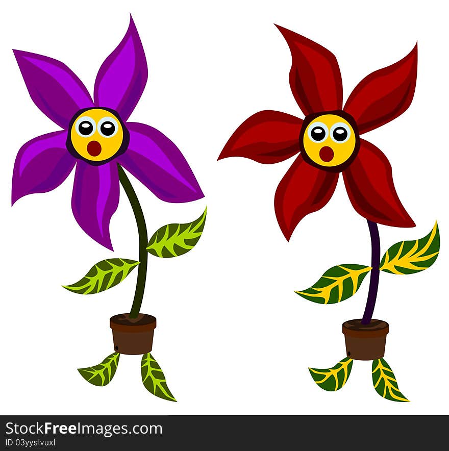 Two cute cartoon flowers dancing with their flower pots. Two cute cartoon flowers dancing with their flower pots