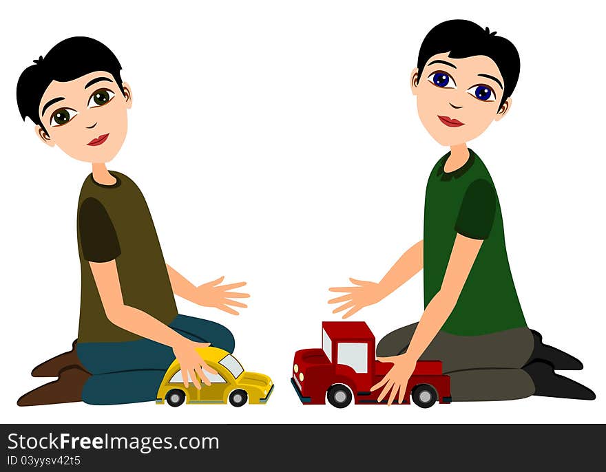 Illustration of two cartoon boys playing with their toy car. Illustration of two cartoon boys playing with their toy car