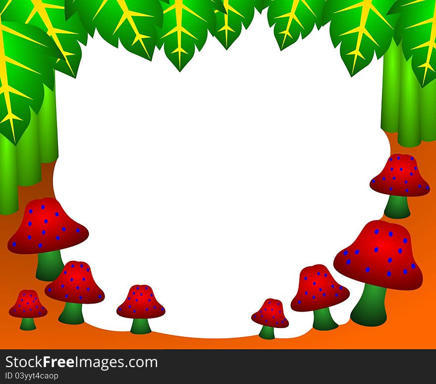 Cartoon illustration of red and spotted mushrooms for background and frame use. Cartoon illustration of red and spotted mushrooms for background and frame use