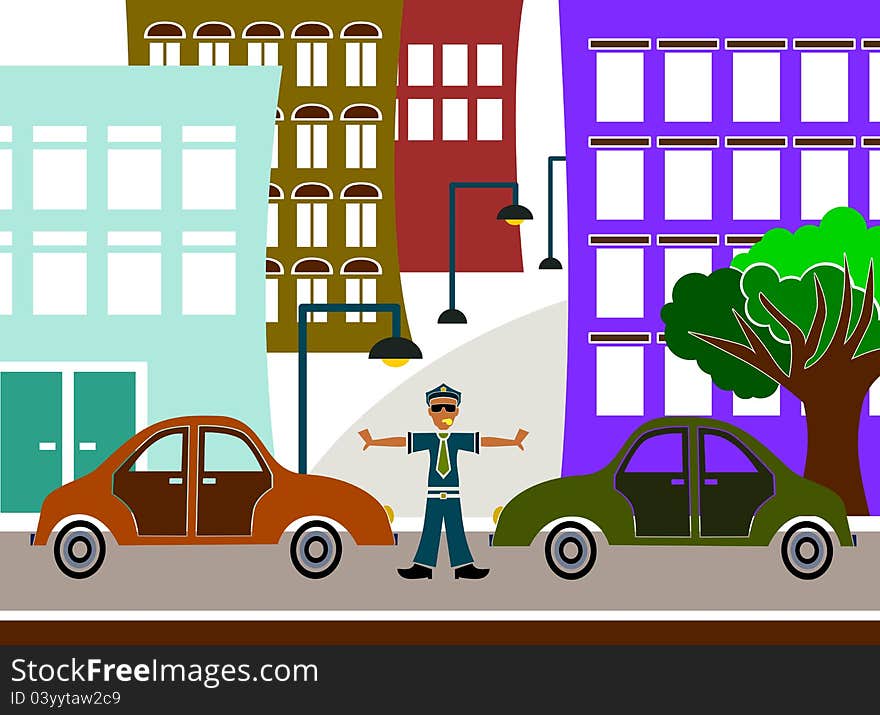 A colorful abstract illustration of a traffic policeman stopping two cars