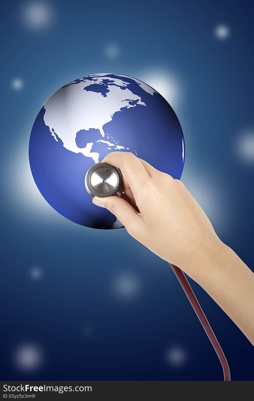 Human hand holding stethoscope diagnose the earth illustration photo. Human hand holding stethoscope diagnose the earth illustration photo.