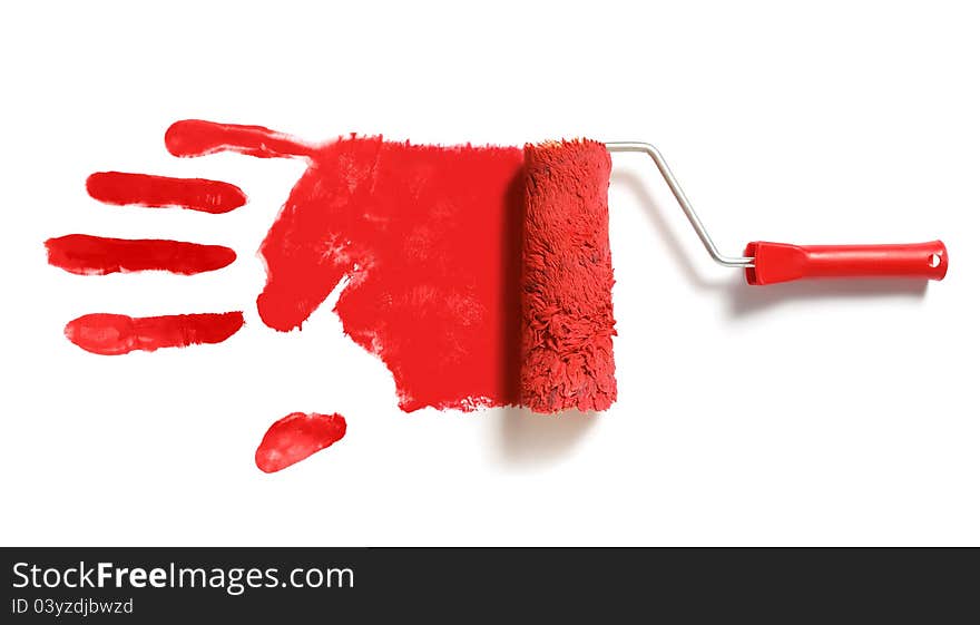 Paint roller brush with red right handprint. Paint roller brush with red right handprint