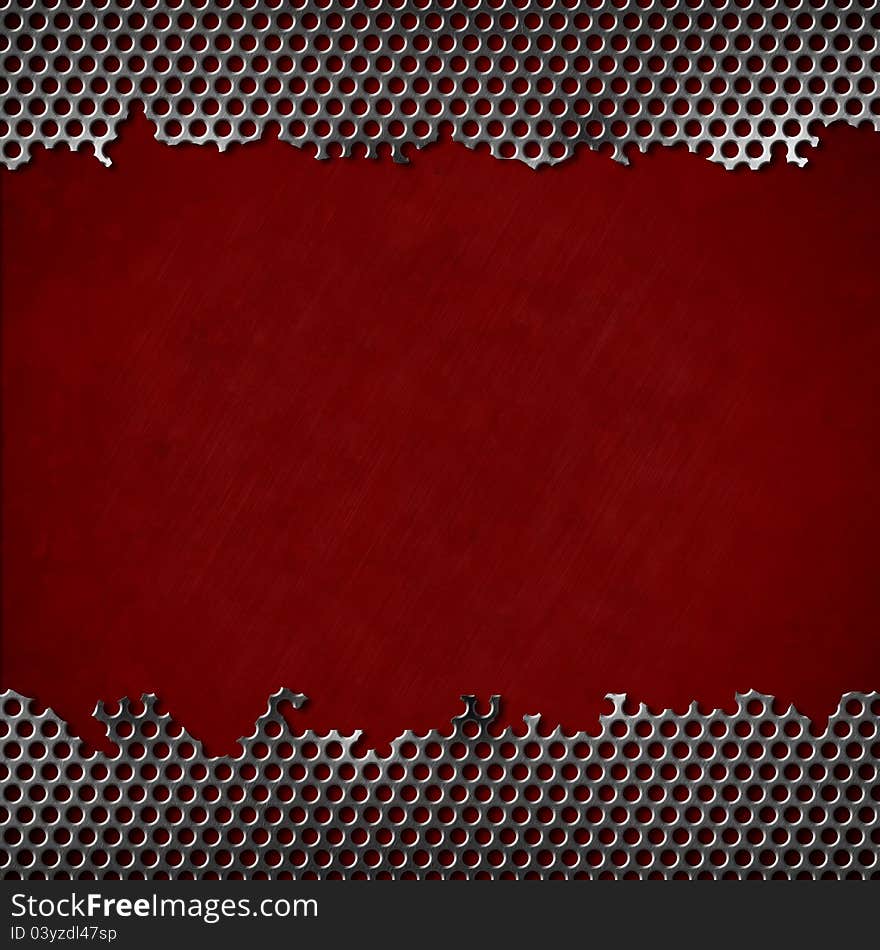 Perforated metal with dark red background. Perforated metal with dark red background