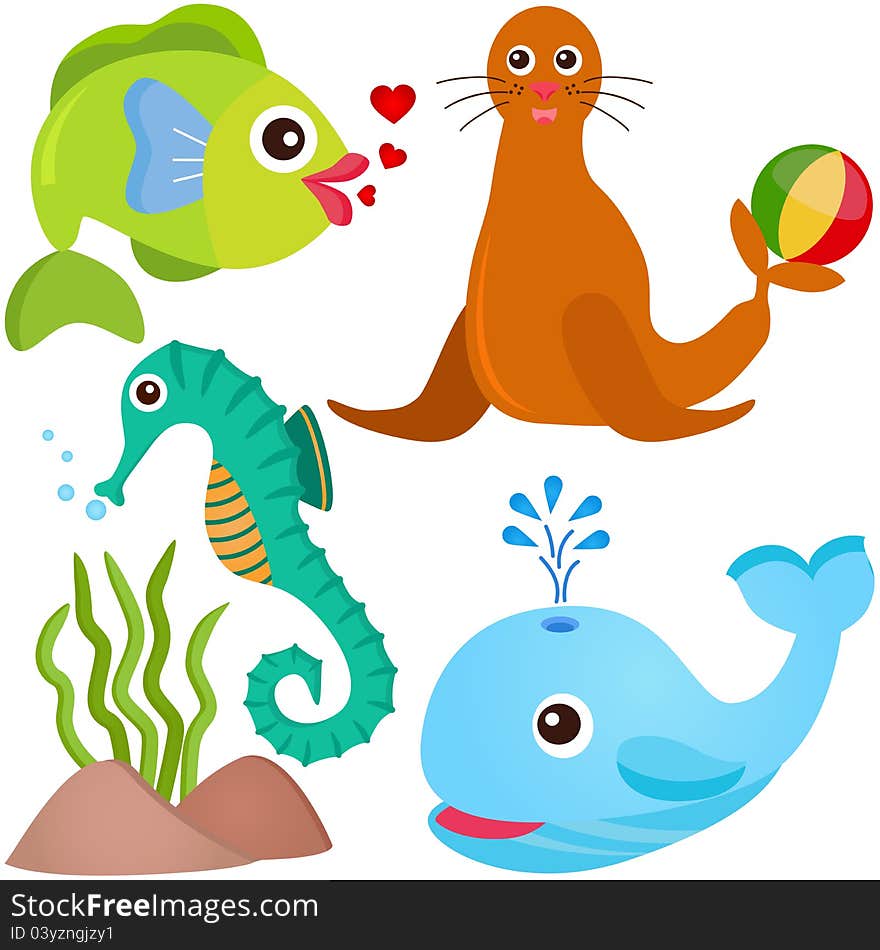 A colorful set of cute Animal Vector Icons: Fish, Sea life. A colorful set of cute Animal Vector Icons: Fish, Sea life