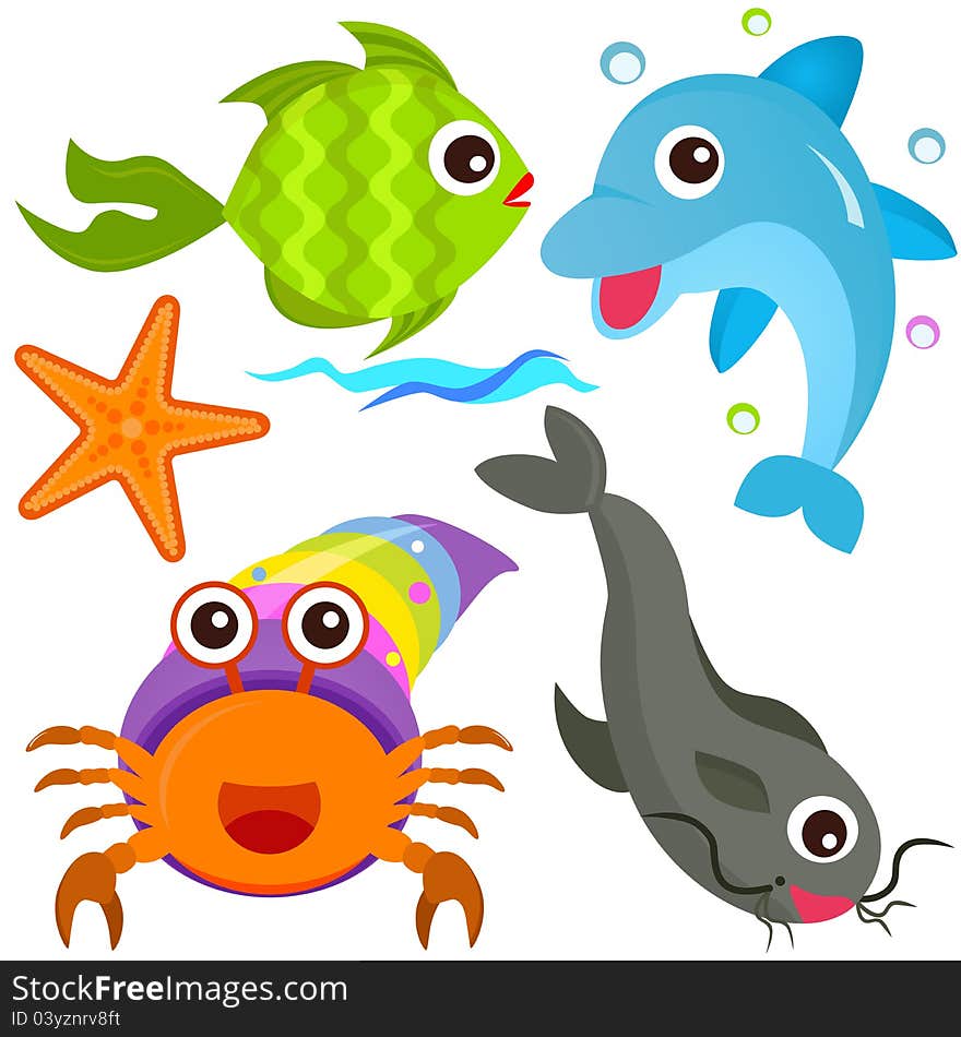 A colorful set of cute Animal Vector Icons: Fish, Sea life. A colorful set of cute Animal Vector Icons: Fish, Sea life