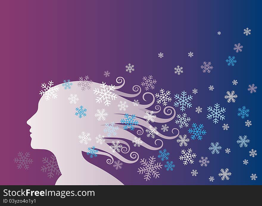 Vector illustration of a woman`s silhouette with a winter background