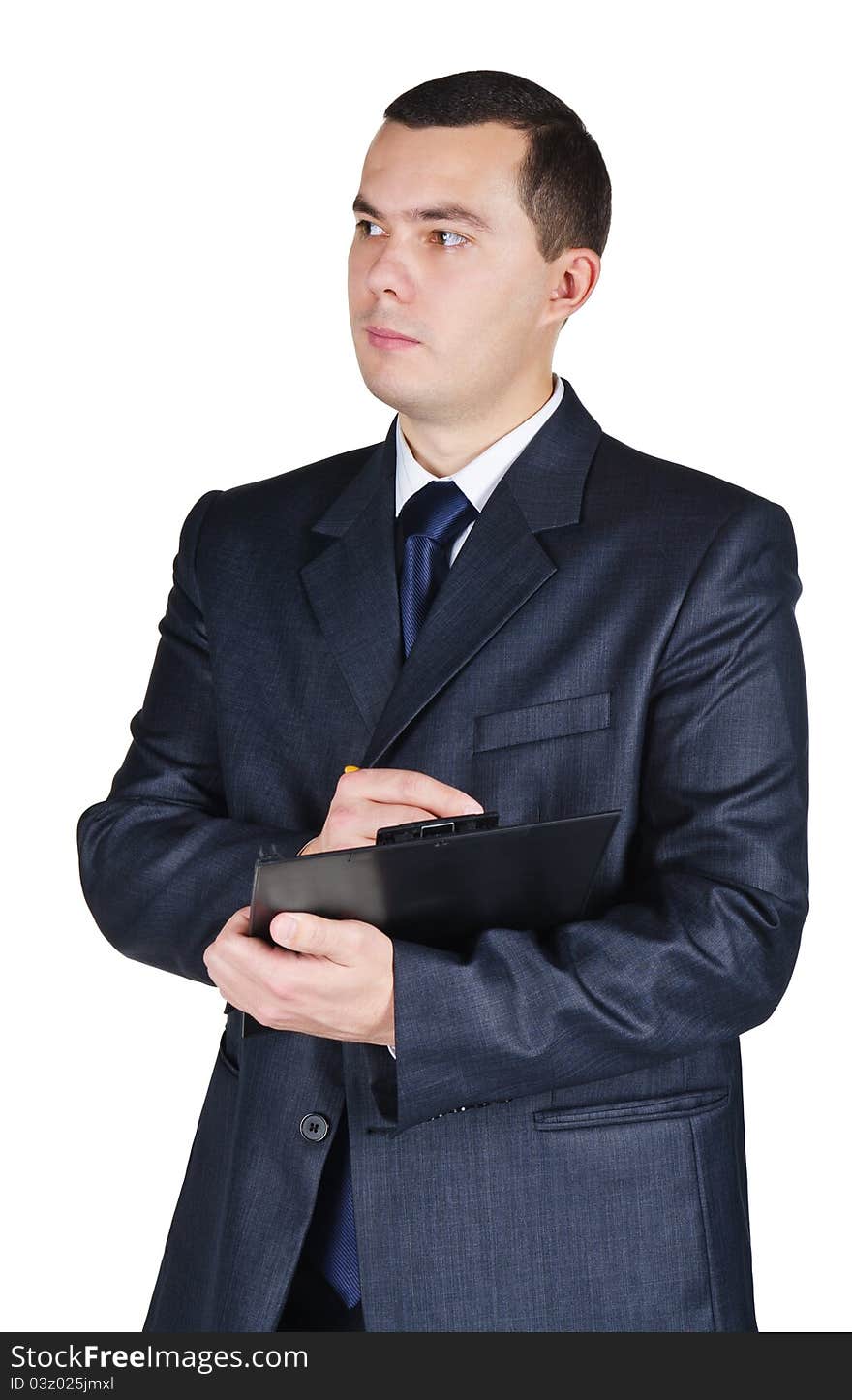 Portrait of businessman holding a blank board and a pen isolated on white