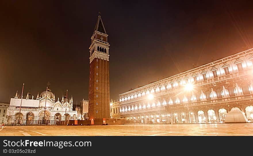 Piazza San Marco on foggy night, Venice, Italy