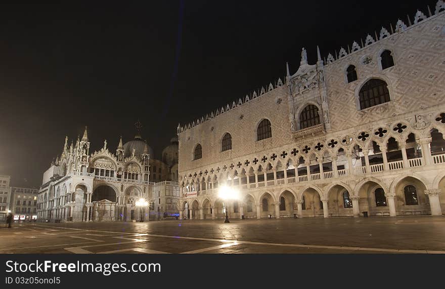 Piazza San Marco on foggy night