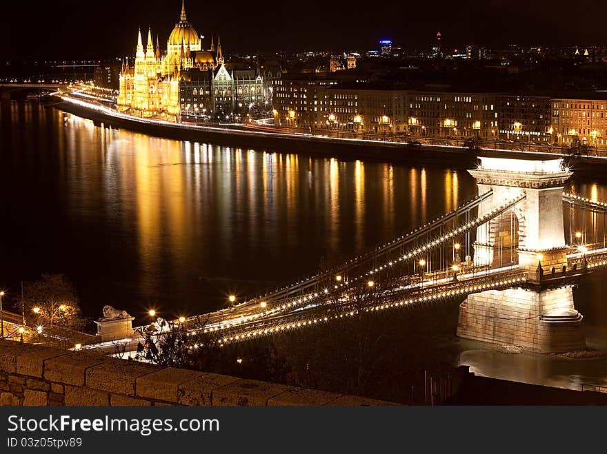 View of Chain Bridge and Hungarian Parliament