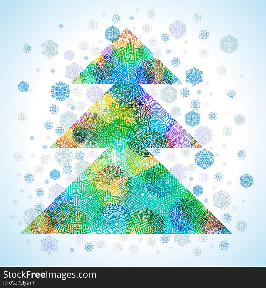 Christmas tree, snowflakes, abstract background, vector illustration