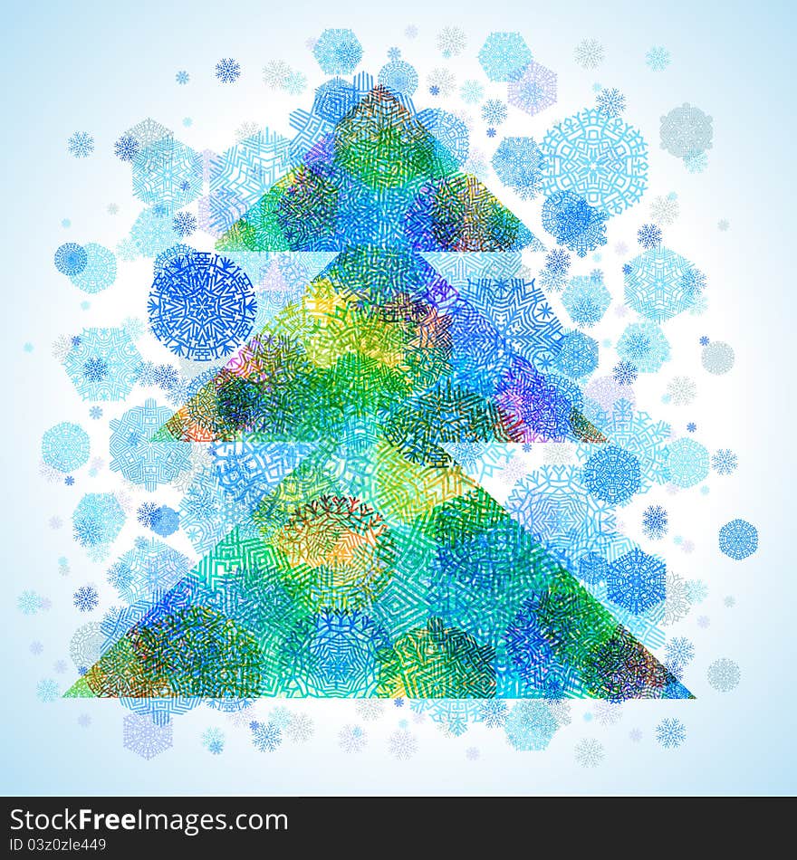 Christmas tree, snowflakes, abstract background, vector illustration