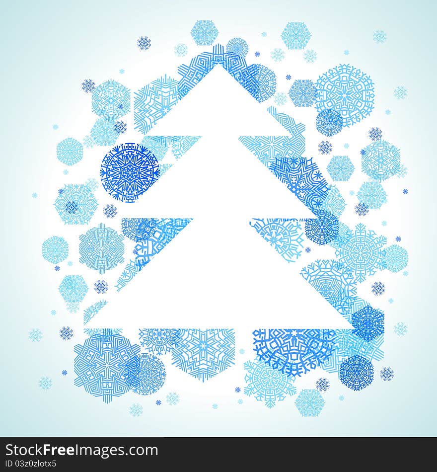 Christmas tree, snowflakes, blue abstract background, vector illustration