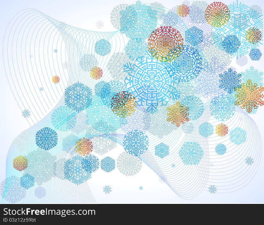 Multi-colored snowflakes, snowstorm, blue abstract background, vector illustration