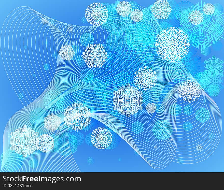 Multi-colored snowflakes, snowstorm, blue abstract background, vector illustration