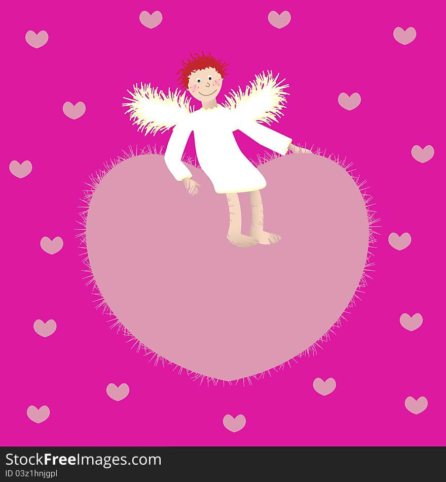 Angel and the heart on a pink background.