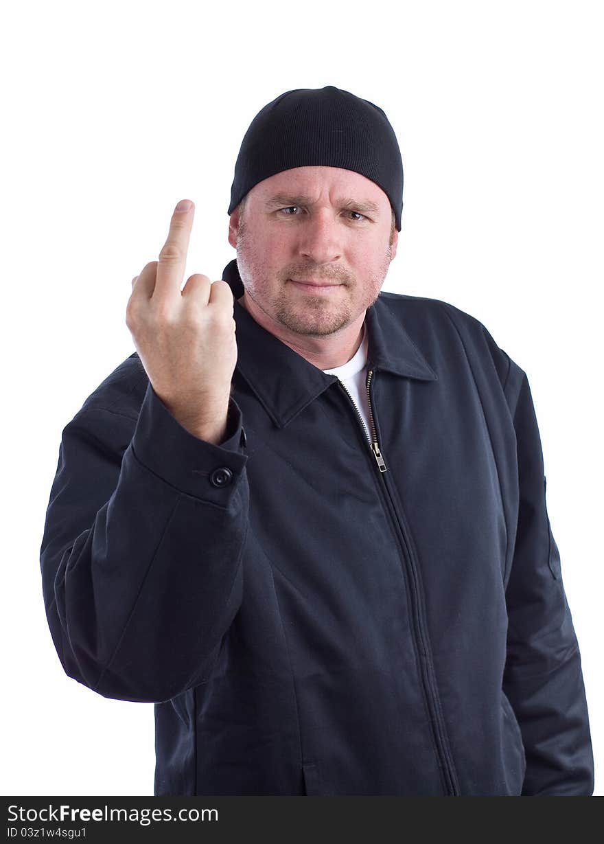 A man in a black coat holds up his middle finger. A man in a black coat holds up his middle finger