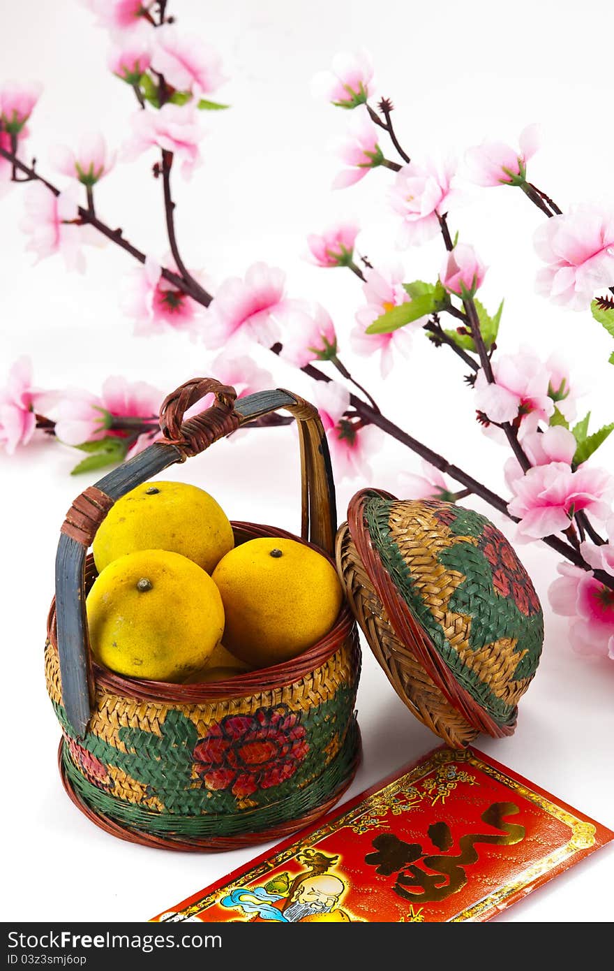 Oranges in Vintage basket with flower and Blessing word. Oranges in Vintage basket with flower and Blessing word