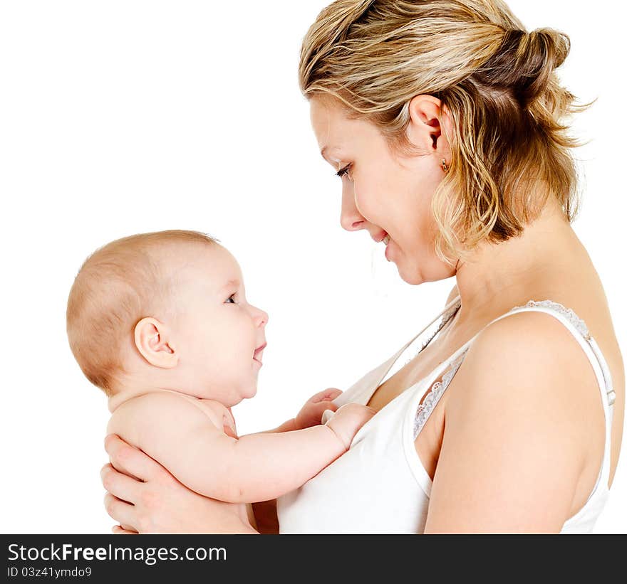 Loving mother and her baby on white