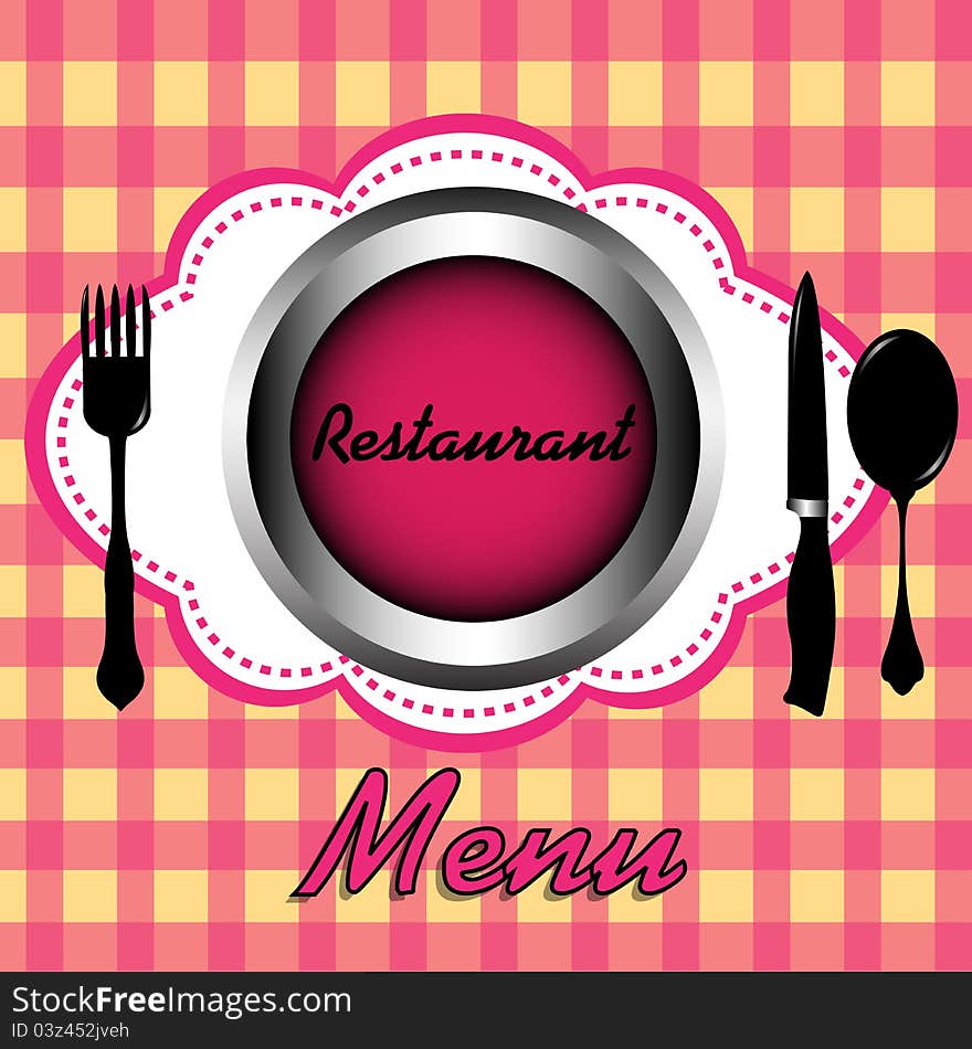 Abstract colorful restaurant menu design with plate, fork, spoon and knife