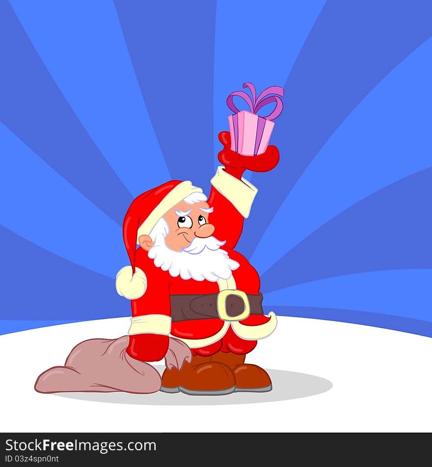 Cute Santa Claus with bag and present. Cute Santa Claus with bag and present