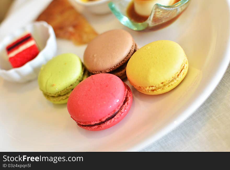 Colorful macaroons in launch buffet food set