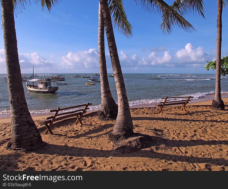 Beach scene with palm bench and boats - Praia do Forte - Salvador - Bahia - Brazil. Beach scene with palm bench and boats - Praia do Forte - Salvador - Bahia - Brazil