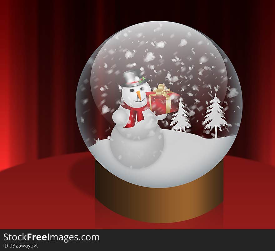 Happy snowman holding gift box in Snow Globe.