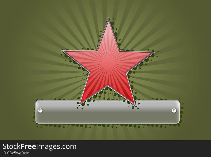 Big red star on green background and metal lable