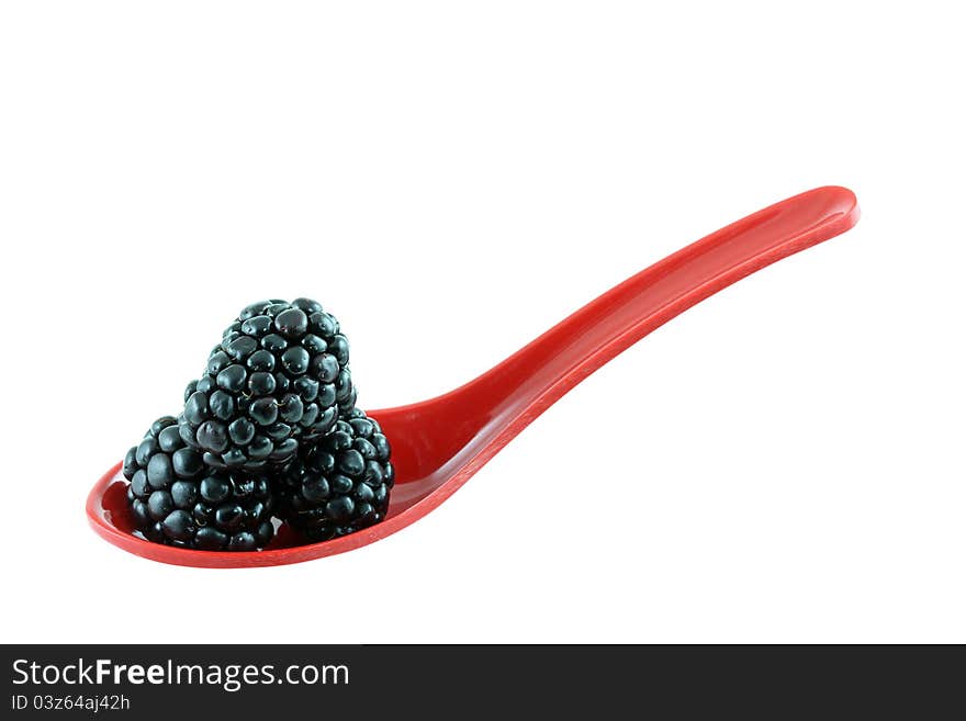 Closeup photo of sweet ripe blackberry on a red spoon isolated on white